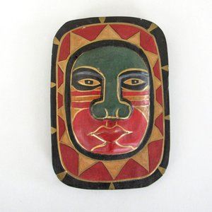 Bali Indonesian Wooden Carved Mask in Orange, Green & Gold Colors